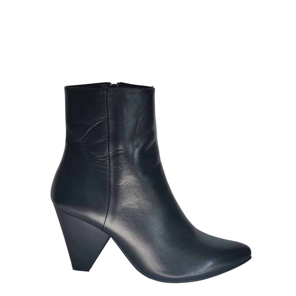 Marcella NYC Leo Black Leather Pointed Toe Cone Heel Ankle Boots Size 39